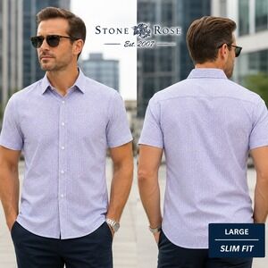Stone Rose Mens L Slim Short Sleeve Button Down Shirt Geometric Pink Blue Cotton